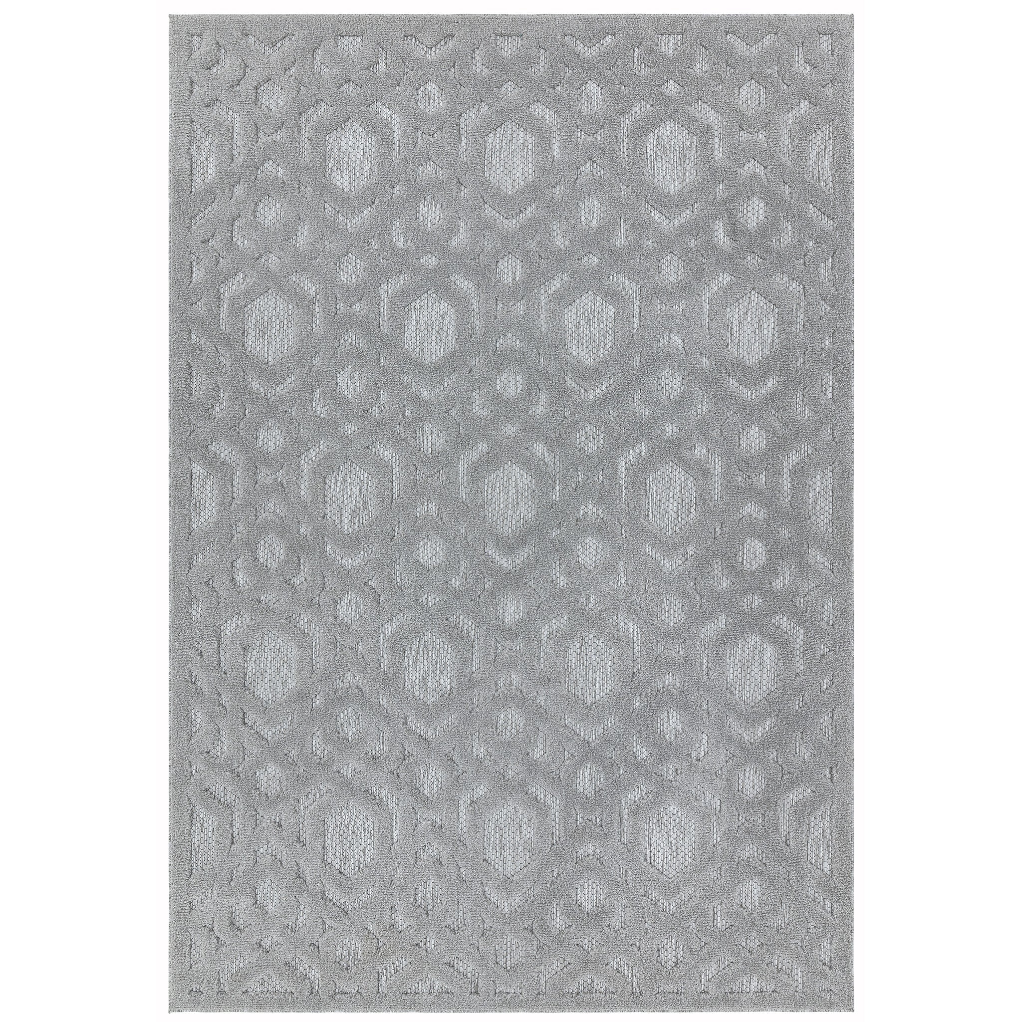 Modern style silver colour rug with an eye catching 3D design in a geometric pattern, suitable for both indoor and outdoor use. Made from Polypropylene yarns. Size Large. Pile Height 2-11mm Dimensions: 1600 x 2300 mm Machine woven in Turkey Delivery: 5-7 days